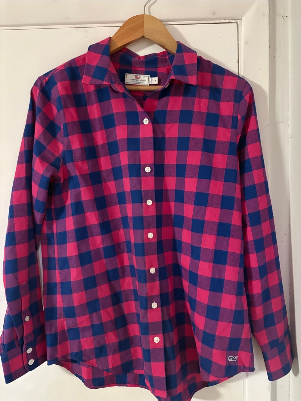 Vineyard Vines Women’s Pink and Navy Check Cotton Button-Up Shirt Size 8